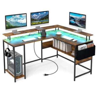 Costway L-shaped Gaming Desk With Led Lights And Power Outlets Home Office Computer Desk-rustic Brown In Multi