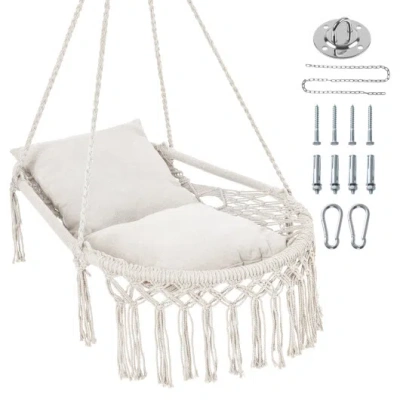 Costway Macrame Swing Chair Hammock Chair With 2 Removable Cushions-beige In White
