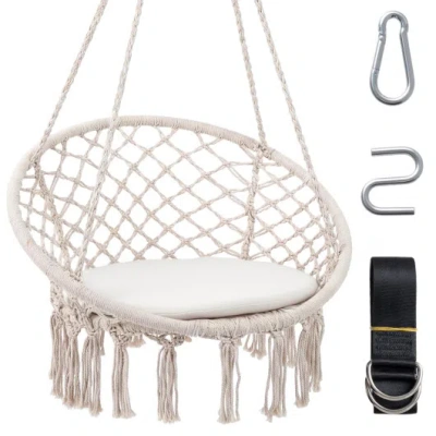 Costway Macrame Swing Chair Hammock Chair With Round Seat Cushion-beige In White