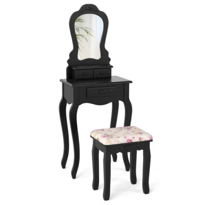 Costway Makeup Dressing Table And Bench 3 Drawers And Cushioned Stool For Girls-black