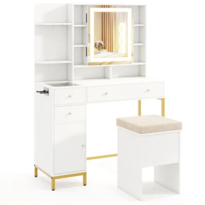 Costway Makeup Dressing Table And Stool Set With 3 Lighting Modes And Cabinet-white