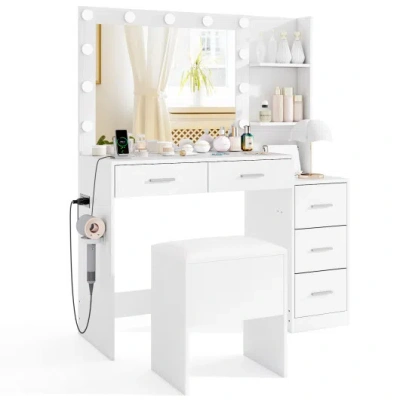Costway Makeup Table And Stool Set With Hair Dryer Stand-white