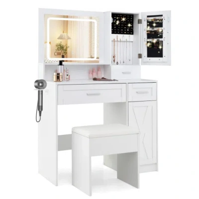 Costway Makeup Vanity Desk With Mirror And Lights Dressing Table And Stool Set-white