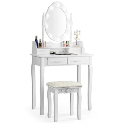 Costway Makeup Vanity Dressing Table Set With Dimmable Bulbs Cushioned Stool-white