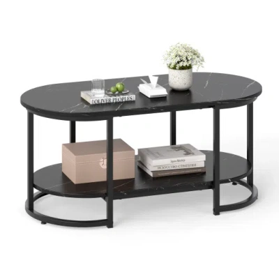 Costway Marble Coffee Table With Open Storage Shelf-black