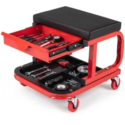 Costway Mechanic Rolling Stool With Tool Trays And Magnetic Drawer For Garage-red