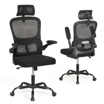Costway Mesh Office Chair With Adaptive Lumbar Support, Flip-up Armrests, Reclining Backrest-black In Multi