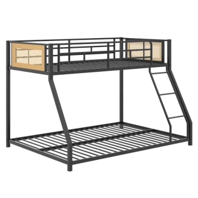Costway Metal Bunk Bed Twin Over Full With Full Length Safety Guardrail And Ramp Ladder-black In Multi
