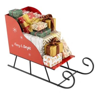 Costway Metal Christmas Santa Sleigh Basket Xmas Santas Gift Storage Sleigh In Red