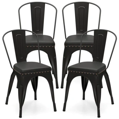 Costway Metal Dining Chair Set Of 4 Stackable Kitchen Chairs With Removable Backs And Pu Leather Cushioned S In Black