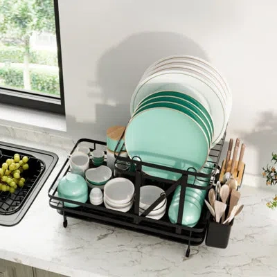 Costway Metal Foldable 2 Tier Dish Rack In Black