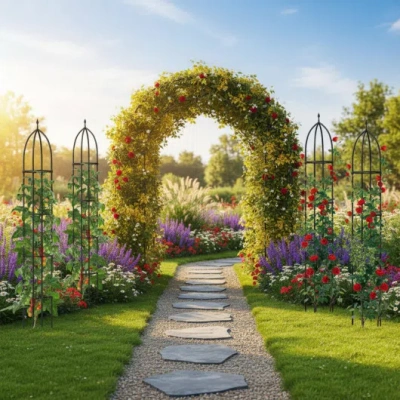 Costway Metal Garden Arch And Obelisk Trellis Set For Climbing Plants In Multi