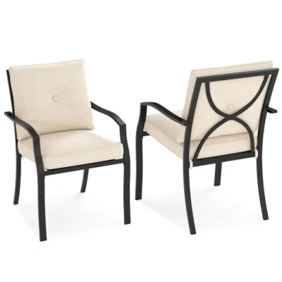 Costway Metal Outdoor Dining Chair Set Of 2 Stackable Patio Chairs With Armrests-beige In Black