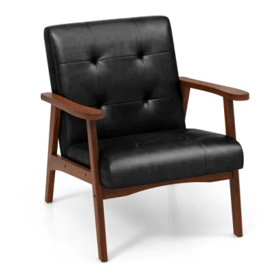 Costway Mid Century Accent Chair With Solid Rubber Wood Frame And Leather Cover-black