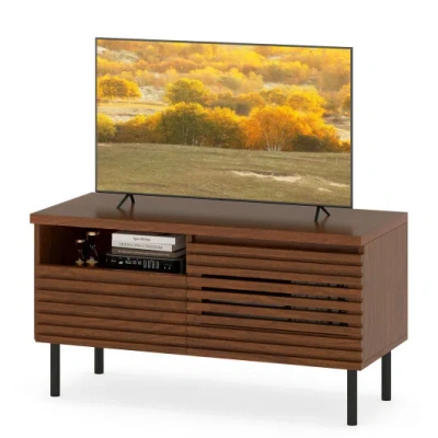 Costway Mid Century Fluted Tv Stand For 40 Inch Tv Modern Entertainment Center With Open Compartment-walnut In Brown