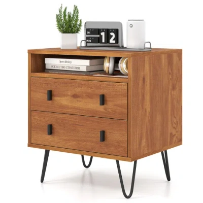 Costway Mid Century Modern 2-drawer Nightstand With Storage Compartment-walnut In Brown