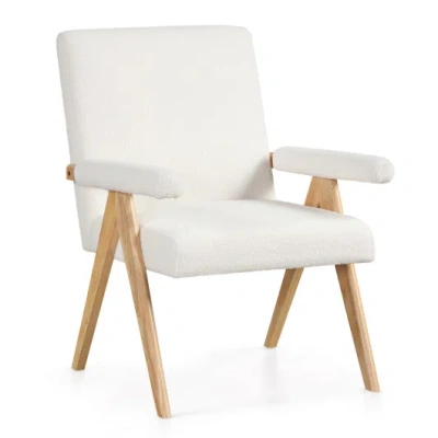 Costway Mid Century Modern Accent Chair With Rubber Wood Frame And Padded Armrests-white