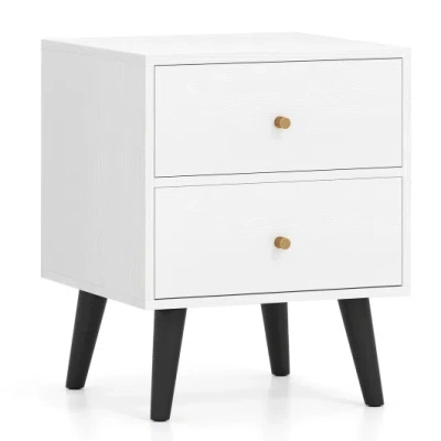 Costway Mid Century Modern Bedside Table Nightstand With Golden Knobs And Raised Support Legs-white