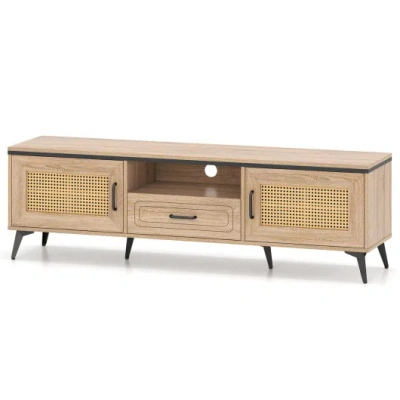 Costway Mid Century Modern Entertainment Center With 2 Cabinets And Storage Drawer-oak In Multi