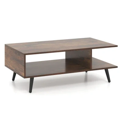Costway Mid Century Modern Rectangle Coffee Table 2-tier Accent Table With 2 Open Compartments-rustic Brown