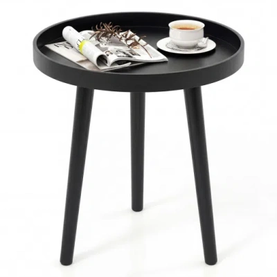 Costway Mid Century Modern Round Side Sofa Coffee Table With Wooden Tray-black