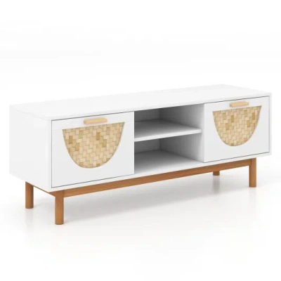 Costway Mid Century Modern Tv Stand Entertainment Center For 55-inch Tv With 2 Drawers And Bamboo Woven Fron In Animal Print