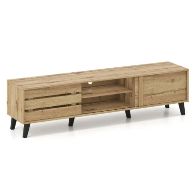 Costway Mid Century Modern Tv Stand For 80 Inch Tvs With Sliding Door Cabinets And Storage Shelves-oak In Multi
