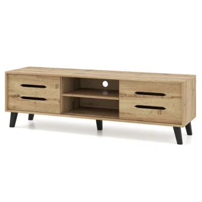 Costway Mid Century Modern Tv Stand With Sliding Doors And Cable Hole For 65 Inch Tvs-natural In Multi