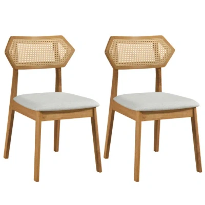 Costway Mid Century Rattan Dining Chairs Set Of 2 With Rattan Back And Solid Wood Frame-natural In Brown