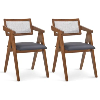 Costway Mid Century Wooden Accent Chairs With Leathaire Seat Cushions Set Of 2-walnut In Brown