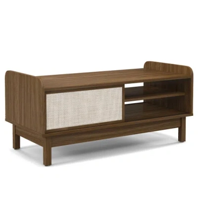 Costway Mid-century Center Table With Storage And Weaving Sliding Door & Adjustable Shelf-walnut In Brown