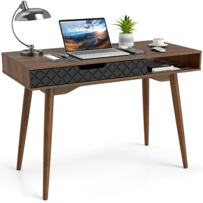 Costway Mid-century Modern Computer Desk With Drawer And Open Compartment-brown In Multi
