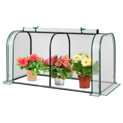 Costway Mini Tunnel Greenhouse With Roll-up Zipper Door-white In Transparent