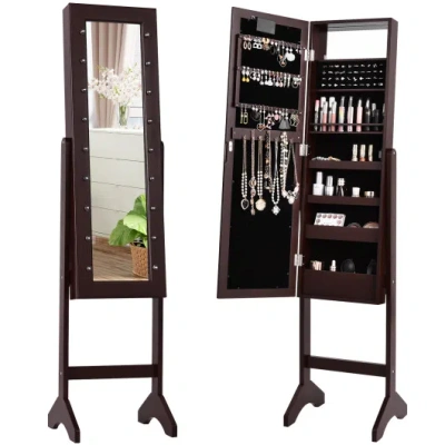Costway Mirrored Jewelry Cabinet Armoire Organizer W/ Led Lights-brown