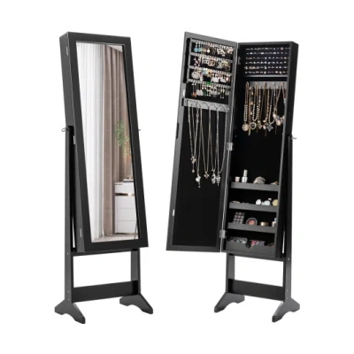 Costway Mirrored Standing Jewelry Cabinet Storage Box-black