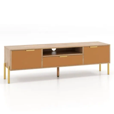 Costway Mirrored Tv Stand For Tv Up To 65 Inch With Spacious Tabletop And 2 Storage Cabinets-natural In Brown