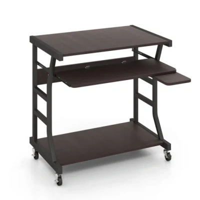 Costway Mobile Computer Desk With Keyboard Tray Mouse Tray And Shelf-dark Brown In Black