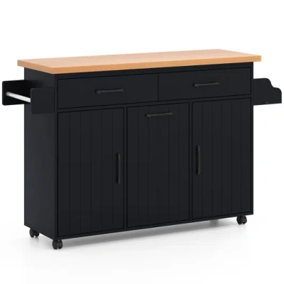 Costway Mobile Kitchen Island Table With Trash Bag Storage For Dining Room-black