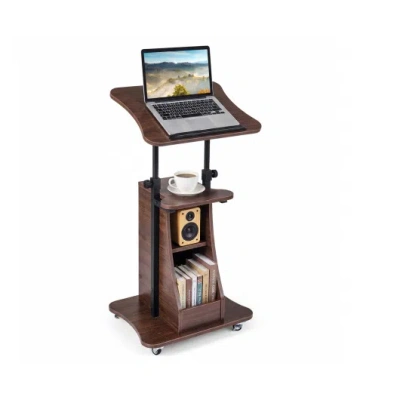 Costway Mobile Podium Stand Height Adjustable Laptop Cart With Tilting Tabletop And Storage Compartments-bro In Brown