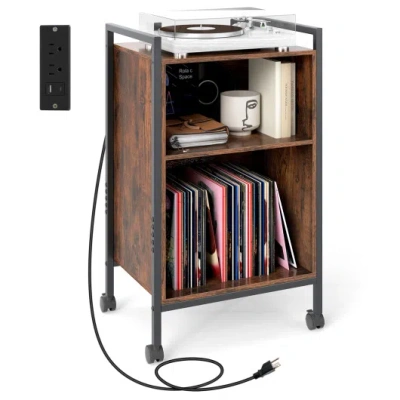 Costway Mobile Record Player Stand With Power Outlet-rustic Brown