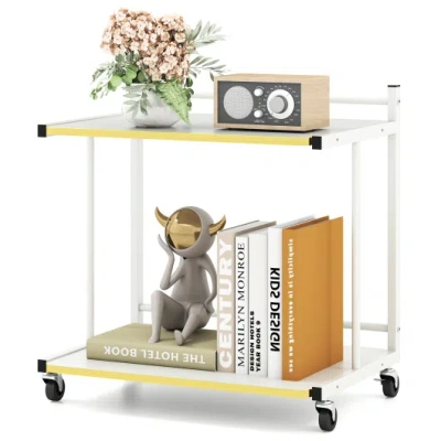 Costway Mobile Side Table 2-tier Rolling End Table With Open Shelves & Golden Trimmed Edges-white In Multi