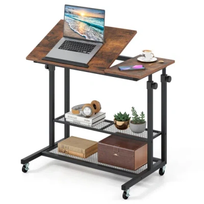 Costway Mobile Stand Up Desk Height Adjustable Standing Table With Tilting Tabletop-rustic Brown