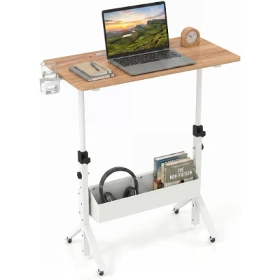 Costway Mobile Standing Desk Height Adjustable Rolling Laptop Desk With Cup Holder Storage Basket-natural In Multi
