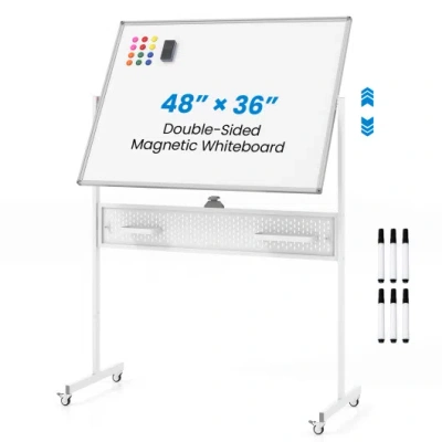 Costway Mobile Whiteboard Adjustable Double-sided Magnetic Board With Pegboard-white In Animal Print