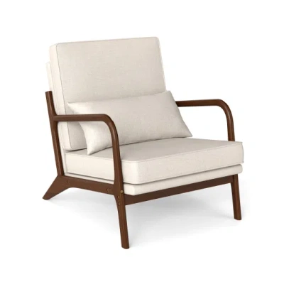 Costway Modern Accent Chair With Rubber Wood Armrests And Removable Back-beige In Multi