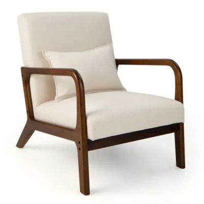 Costway Modern Accent Chair With Rubber Wood Frame And Lumbar Pillow-beige In Brown