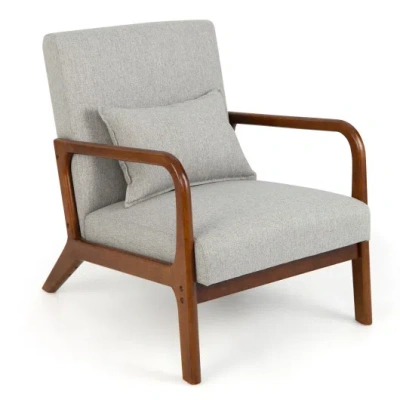 Costway Modern Accent Chair With Rubber Wood Frame And Lumbar Pillow-gray