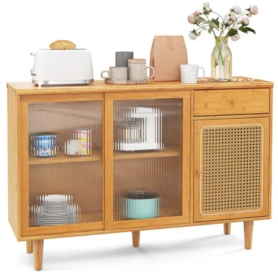 Costway Modern Bamboo Buffet Sideboard Cabinet With Tempered Glass Sliding Doors-natural In Brown