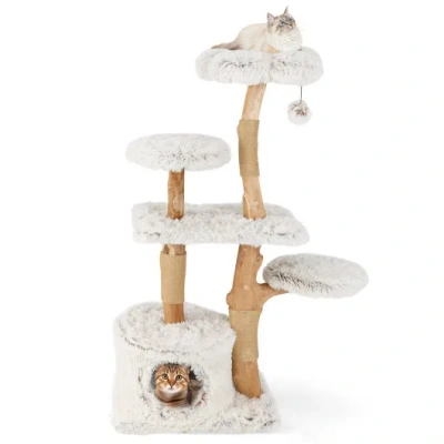 Costway Modern Cat Tree 53 Inch Tall Natural Branch Wooden Cat Tower With Jute Scratching Posts-white