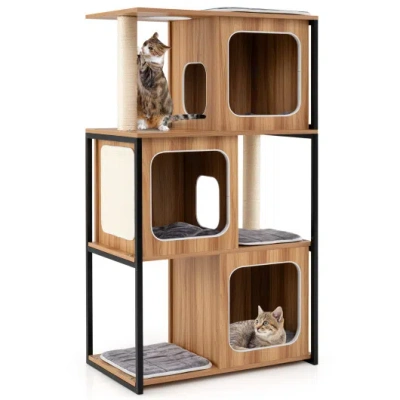 Costway Modern Cat Tree Cat House With Metal Frame And Scratching Posts-natural In Brown